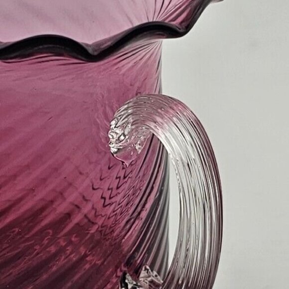 Pilgrim Glass Cranberry Swirl Pitcher Vase 3.5" clear handle ruffled rim texture - Picture 4 of 12